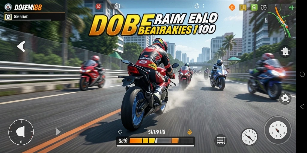 Screenshot gameplay DOREMI88 menampilkan balapan motor yang seru dan penuh aksi.