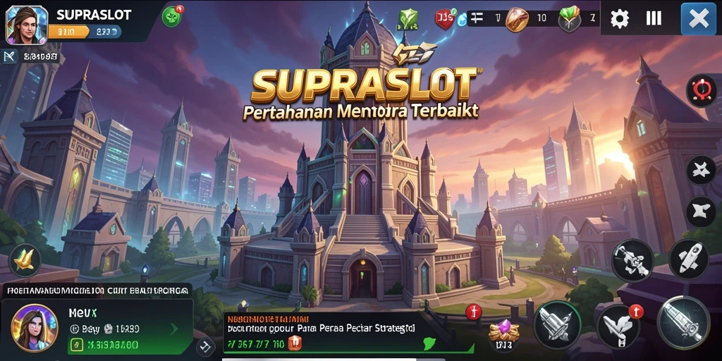 Tampilan gameplay <strong>SUPRASLOT</strong> yang menegangkan dengan menara dan musuh.