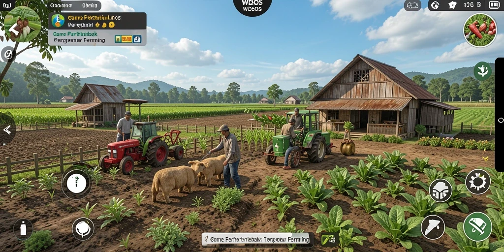 Screenshot gameplay WDBOS dengan aktivitas bertani yang menarik.